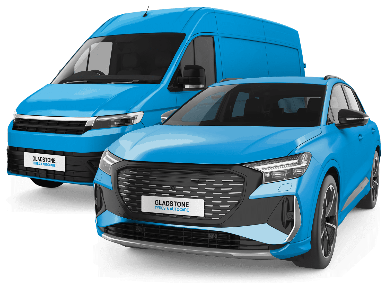 A blue care with a blue van behind it